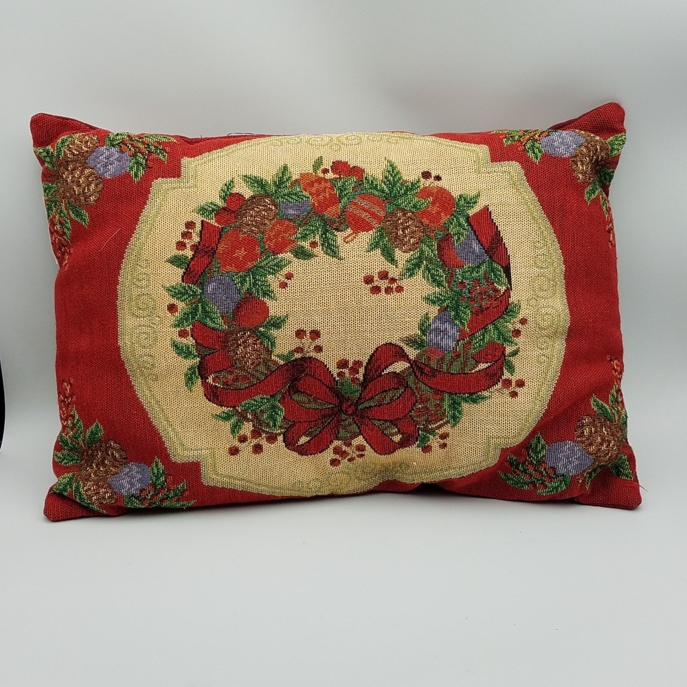 Christmas Needlepoint Decorative Throw Pillow 17x12"Wreath Pinecones berries - Picture 3 of 3